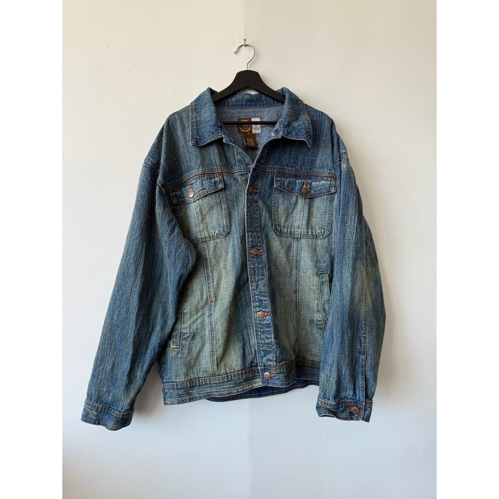 Vintage Noiz Denim Jacket Mens 2XL Blue Distressed Trucker Button Up Y2K Hip Hop